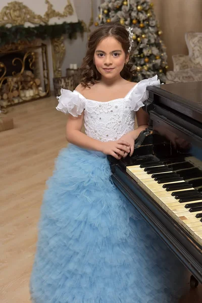 Menina jovem princesa em branco com um vestido azul e um barrette em — Fotografia de Stock