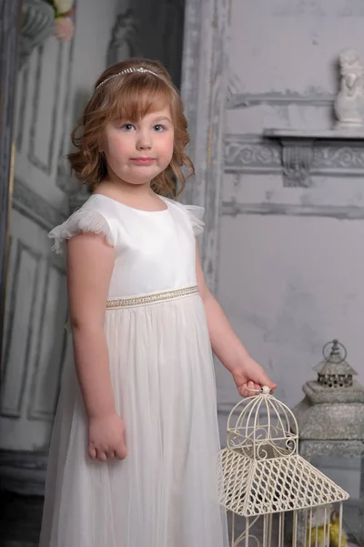 Mała dziewczynka z białą sukienką w pobliżu klatki ptaków — Zdjęcie stockowe