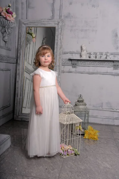 Маленькая девочка в белом платье рядом с птичьей клеткой — стоковое фото