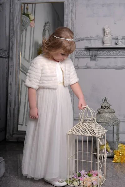 Little girl with white dress near bird cage — Stock Photo, Image