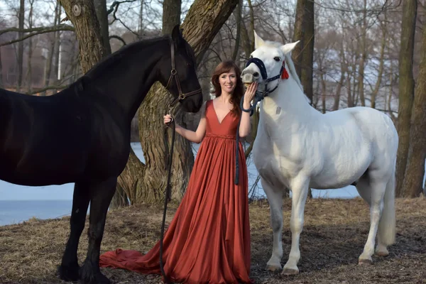 Woman in a red long dress with two horses in nature — Stock Photo, Image