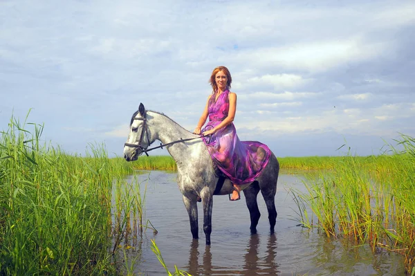 Γυναίκα σε ένα μωβ μακρύ φόρεμα ιππασία ένα άλογο στο νερό στο — Φωτογραφία Αρχείου