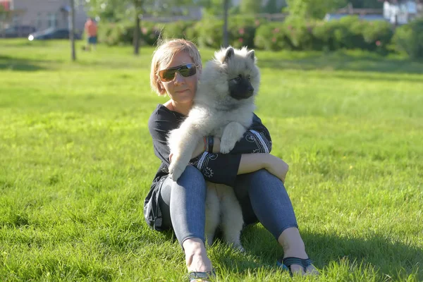 Blonde woman in summer sunglasses with keeshond wolfspitz puppy — Stock Photo, Image