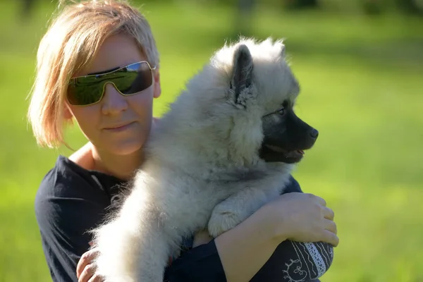 Mulher loira no verão óculos de sol com keeshond wolfspitz cachorro — Fotografia de Stock