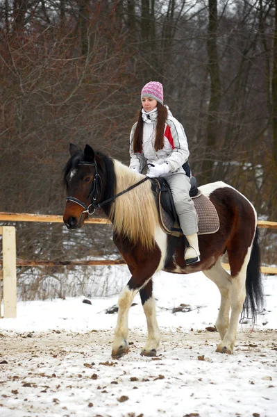 Девушка в шляпе и куртке верхом на лошади — стоковое фото