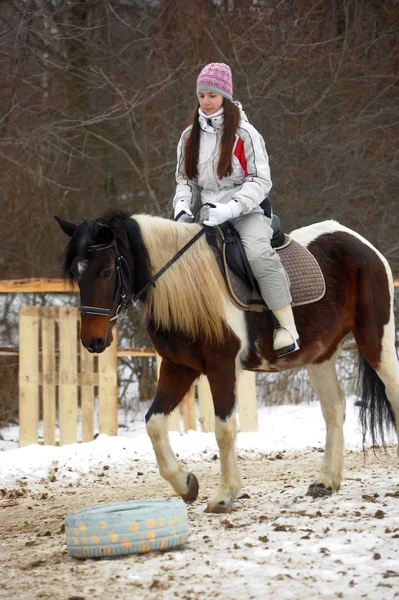 말을 타고 모자와 재킷을 입은 소녀 — 스톡 사진