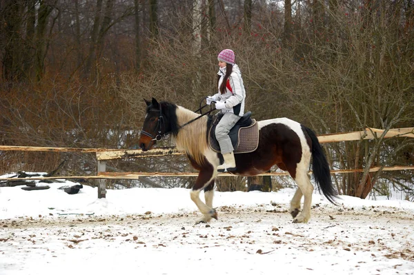 Fille dans un chapeau et veste monter un cheval — Photo