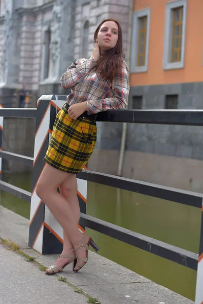 Smuk Slank Brunette Pige Plaid Nederdel Bluse Sommeren Broen - Stock-foto