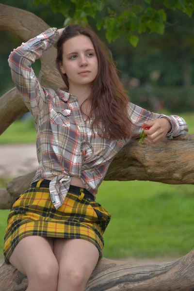 Красива Струнка Брюнетка Дівчина Плетеній Спідниці Блузка Влітку Дереві Парку — стокове фото