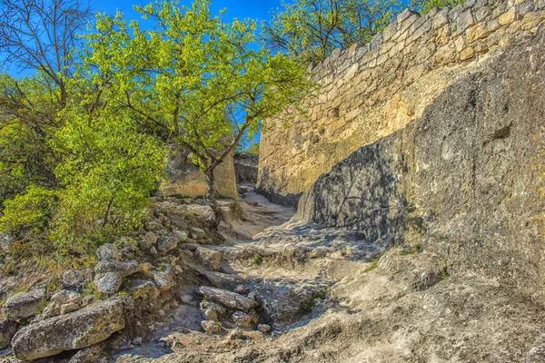 クリミア バフチザライ20 2020中世の要塞都市の遺跡 他の情報源によると 修道院 いくつかの層で山の上部をカバーするTepe Kermen — ストック写真