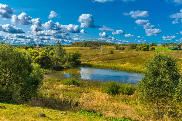 Żółte Pole Błękitne Niebo Chmurami Jeziorem Jesienią — Zdjęcie stockowe