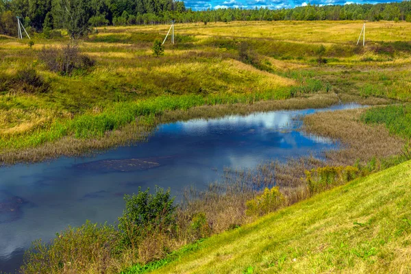 Campo Amarillo Cielo Azul Con Nubes Lago Otoño —  Fotos de Stock