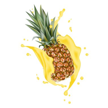 Ananas gerçekçi sıçrama tasarım öğeleri ile 3d vektör. Ambalaj sıçramasına ananas suyu, kahve, süt, düşen su, kokteyl, çikolata. Web tasarım için iyi. EPS 10.