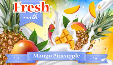 Vektör reklamlar 3d promosyon afiş, gerçekçi mango ve ananas düşen dilimler sıçramasına, süt bırakır, vitaminler. Suyu, dondurma, yoğurt için sahte marka reklam. Şirketi poster şablonu. 