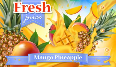 Vektör reklamlar 3d promosyon afiş, gerçekçi mango ve ananas düşen dilimler sıçramasına, suyu damla, vitaminler. Suyu, dondurma, yoğurt için sahte marka reklam. Şirketi poster şablonu. 