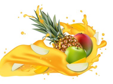 Splash ananas suyu. Mango, elma ve ananas. 3D gerçekçi vektör Eps 10. Ambalaj şablonu. Marka reklam. Elma dilim sıçramasına multifruit suyu dalga akan. 