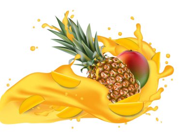 Splash ananas suyu. Mango ve ananas. 3D gerçekçi vektör Eps 10. Ambalaj şablonu. Marka reklam. Mango dilimleri sıçramasına multifruit suyu dalga akan. 
