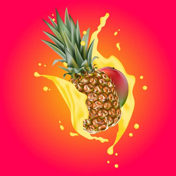 飞溅的菠萝果汁 芒果和菠萝 实际矢量 Eps 包装模板 芒果叶 丰富多彩的背景 品牌广告 — 图库矢量图片