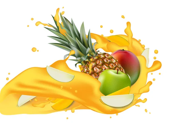 Splash Van Ananas Sap Mango Appel Ananas Realistische Vector Eps — Stockvector