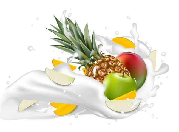 Spritzer Milch Mango Apfel Und Ananas Realistischer Vektor Eps Verpackungsvorlage — Stockvektor