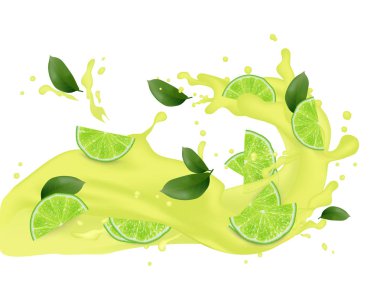 Kokteyl gerçekçi milkshake suyu. 3d kireç, limon meyve dilimleri düşen ve suyu sıçramasına. Yoğurt sütlü ambalaj tasarım öğeleri. Sulu narenciye reklam. Vektör Eps 10.
