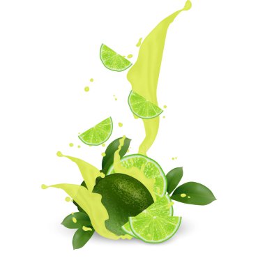 Kokteyl gerçekçi milkshake suyu. 3d kireç, limon meyve dilimleri düşen ve suyu sıçramasına. Yoğurt sütlü ambalaj tasarım öğeleri. Sulu narenciye reklam. Vektör Eps 10.