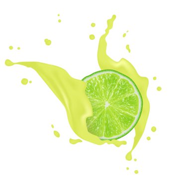 Kokteyl gerçekçi suyu. 3d limon meyve dilimleri düşen ve suyu sıçramasına. Ambalaj tasarım öğeleri. Yarım limon sulu reklam kesmek. Vektör Eps 10.