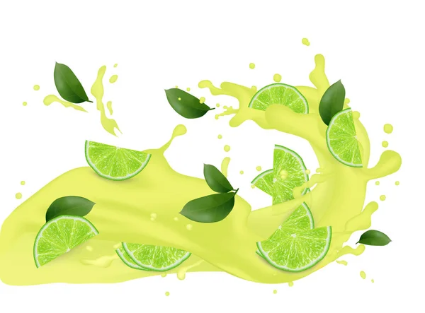 Kokteyl gerçekçi milkshake suyu. 3d kireç, limon meyve dilimleri düşen ve suyu sıçramasına. Yoğurt sütlü ambalaj tasarım öğeleri. Sulu narenciye reklam. Vektör Eps 10.
