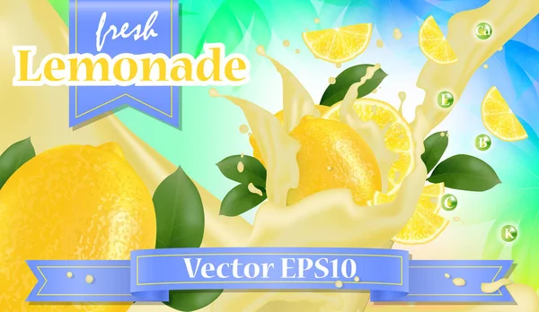 Pubblicità Vettoriale Banner Promozionale Limone Realistico Spruzzi Frutta Con Fette — Vettoriale Stock