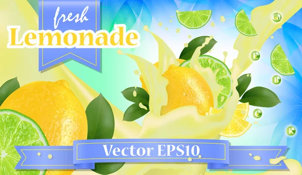 Pubblicità Vettoriale Banner Promozionale Limone Realistico Spruzzi Frutta Con Fette — Vettoriale Stock