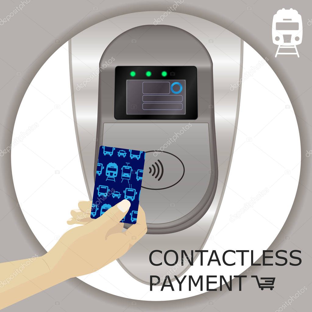 Airport, metro, subway ticket terminal for wireless payments. RFID. Hands holding card for transport payment gate. Contactless. Vector.