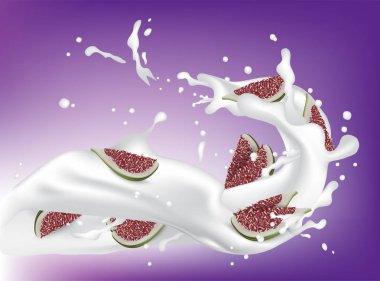 Kırmızı ve yeşil incir. Gerçekçi 3d incir sütü sıçramasına ile. 3d illüstrasyon izole mor yoğurt sıçrama ile üzerinde ayrıntılı. Öğe için Web tasarım veya ambalaj baskı. Vektör Eps10. 