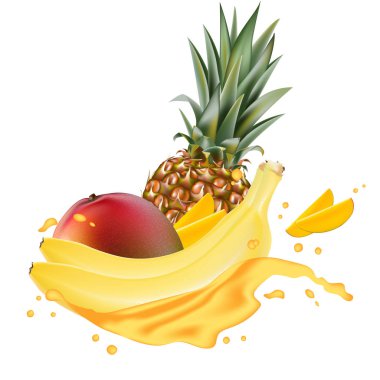 Vektör reklamlar 3d promosyon afiş, gerçekçi mango, muz, ananas sıçramasına düşen dilimler, suyu damla, vitaminler, yaprakları ile. Dondurma, yoğurt marka reklam. Şirketi poster şablonu. 