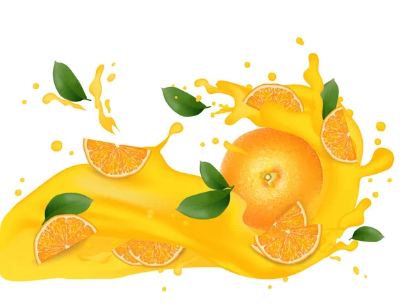 ジュース牛乳ヨーグルト オレンジ スライスはね オレンジの葉 ジューシーなオレンジ スプラッシュ パッケージ テンプレート 落下のスライス ベクトル — ストックベクタ