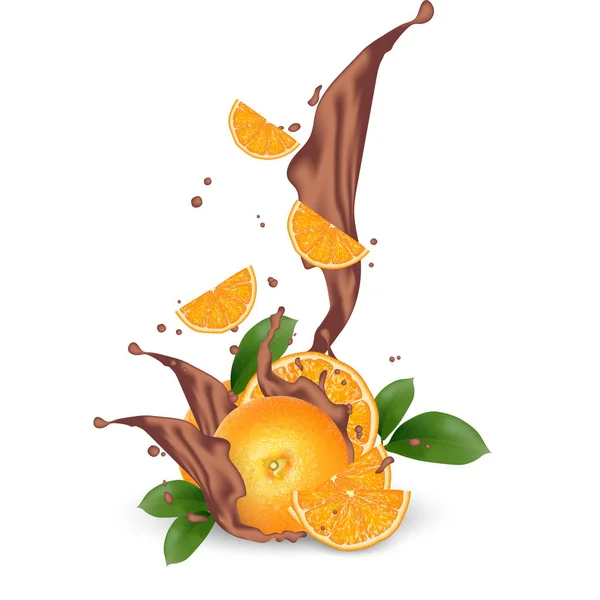 Schokoladenspritzer Mit Orange Milchschokolade Kakao Kaffee Realistische Orangenscheiben Reife Zitrusfrüchte — Stockvektor