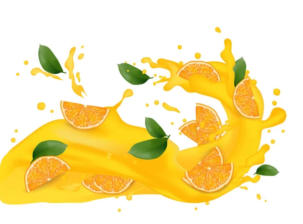 ジュース牛乳ヨーグルト オレンジ スライスはね オレンジの葉 ジューシーなオレンジ スプラッシュ パッケージ テンプレート 落下のスライス ベクトル — ストックベクタ