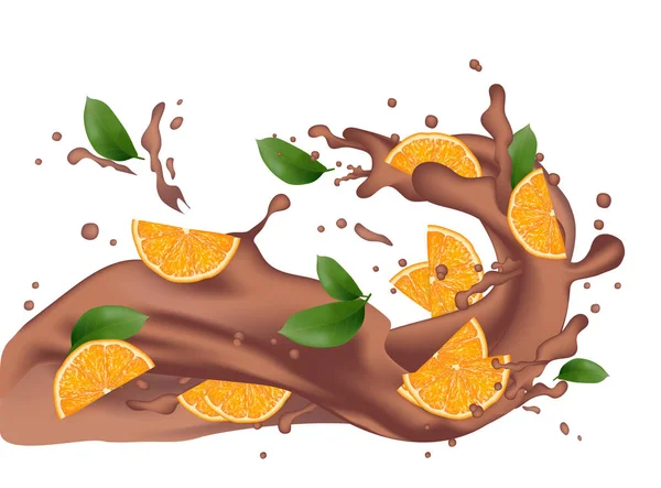 Шоколадні Бризки Апельсином Молочний Шоколад Какао Кава Реалістичні Помаранчеві Скибочки — стоковий вектор