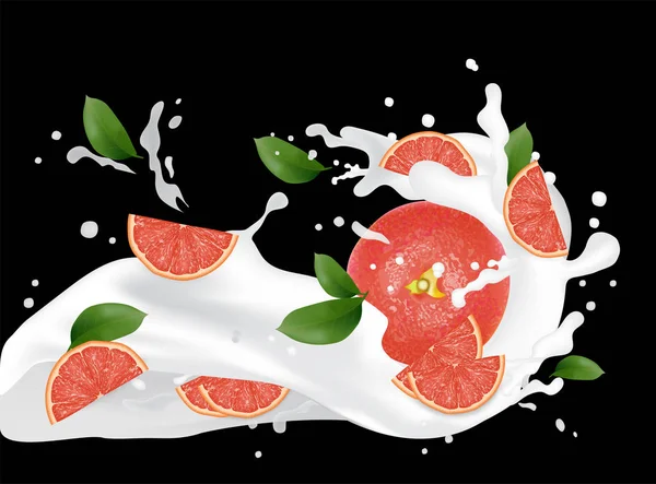 Grapefruit Splash Ilustração Espalhar Sumo Leite Cocktail Que Cai Fatias —  Vetores de Stock