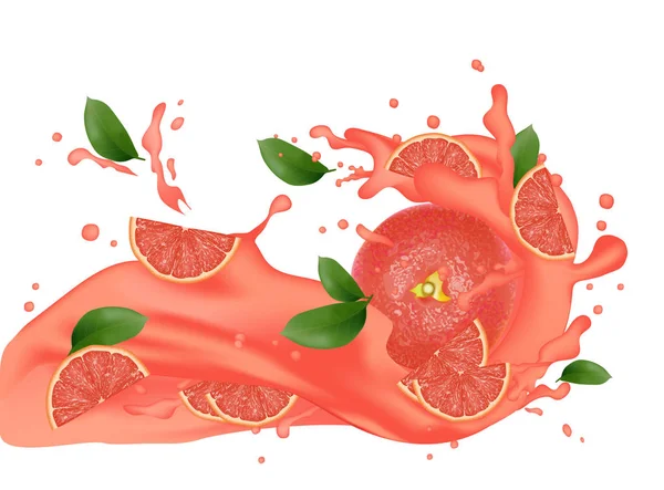 Ilustración Salpicaduras Pomelo Zumo Salpicante Cóctel Que Cae Rodajas Color — Archivo Imágenes Vectoriales