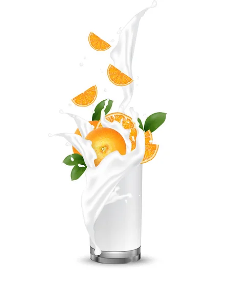 Πορτοκάλι Χυμός Πιτσίλισμα Στο Ποτήρι Στροβιλισμού Φέτες Πορτοκαλιού Που Υπάγονται — Διανυσματικό Αρχείο