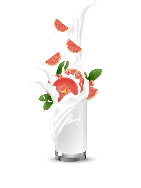 Грапфрутовый Всплеск Иллюстрации Брызги Молочного Сока Стакан Коктейль Падает Розовые — стоковый вектор