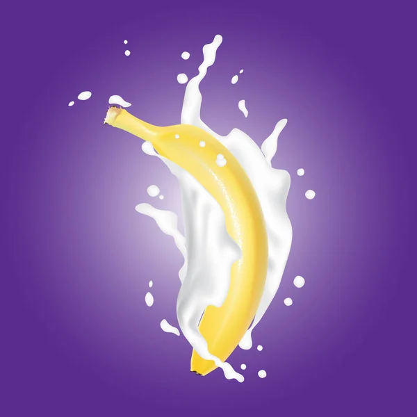 Realistic Banana Milk Yogurt Splash Purple Background Fresh Splashing Falling — Stock Vector