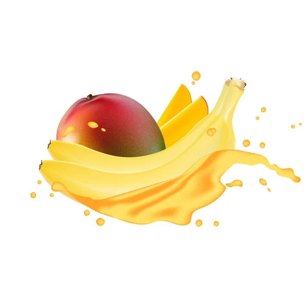 ベクトル広告 プロモーション バナー 現実的なマンゴー バナナと立ち下がりスライス ジュースの滴 ビタミン しぶきを残します アイスクリーム ヨーグルト — ストックベクタ