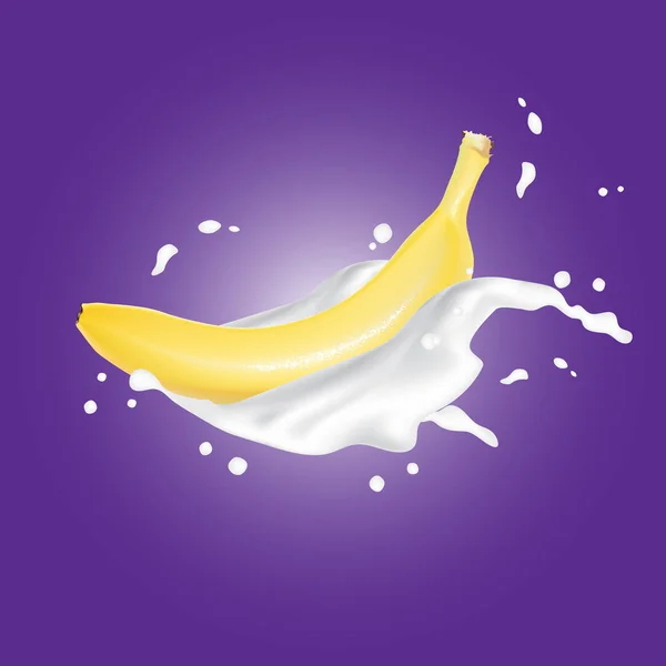 Realistisk Banan Mjölk Yoghurt Splash Lila Bakgrund Färsk Stänk Fallande — Stock vektor