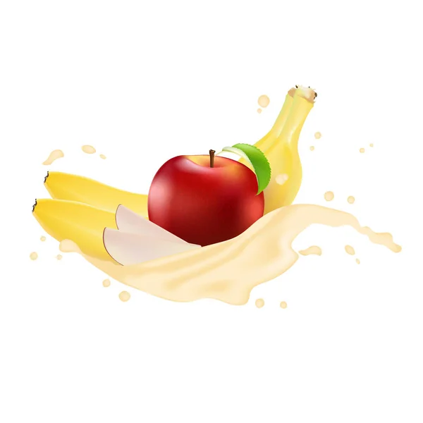 プロモーションのバナー広告 現実的な赤いリンゴ バナナの葉 ビタミン ジュース滴落下スライスとしぶきをベクトルします アイスクリーム ヨーグルト ブランド広告 ラベル ポスター — ストックベクタ