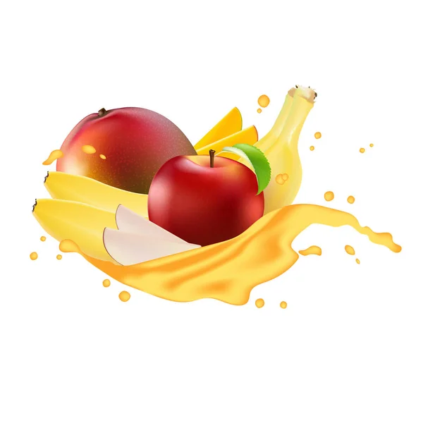 Anuncios Vectoriales Banner Promoción Manzana Roja Realista Mango Salpicadura Plátano — Vector de stock