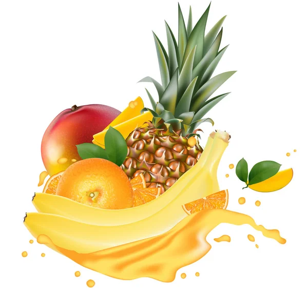 Vector Advertenties Promotie Banner Realistische Mango Sinaasappel Banaan Ananas Spatten — Stockvector