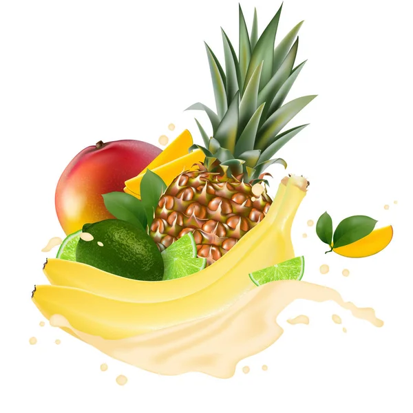 Anuncios Vectoriales Banner Promoción Mango Realista Lima Plátano Salpicaduras Piña — Vector de stock