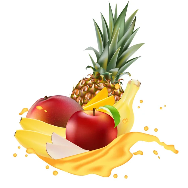 矢量广告3D 促销横幅 逼真的芒果 菠萝飞溅的切片 果汁滴 维生素 冰淇淋 酸奶品牌广告 标签海报模板 — 图库矢量图片