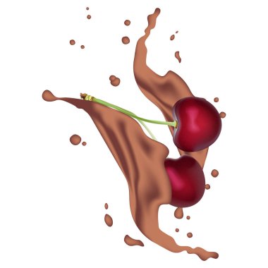 3D gerçekçi bükülmüş karanlık çikolatalı süt sıçrama damla ve kiraz ile. Kakao vişne yoğurt karamel krem sörf dalga beyaz arka plan üzerinde izole. Kahve ürün paket tasarımı. Vektör çizim